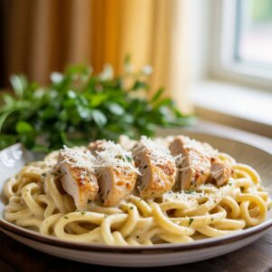 Close-up of creamy garlic parmesan chicken pasta topped with grilled chicken and fresh parsley in a white dish, featuring rich sauce and golden tones, perfect comfort food dinner idea