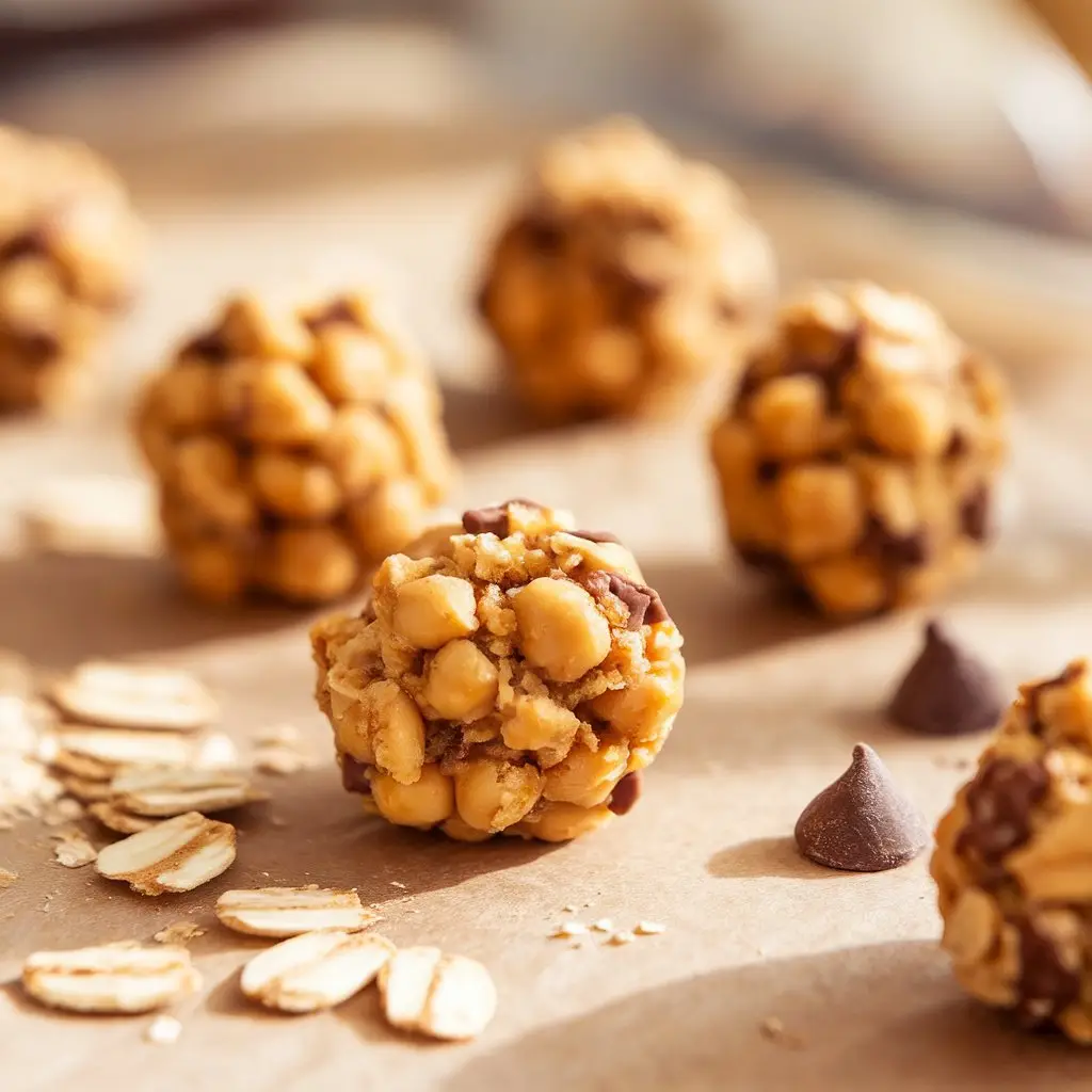 1 Close-up of vegan chickpea snack balls on parchment with oats and almond butter in background