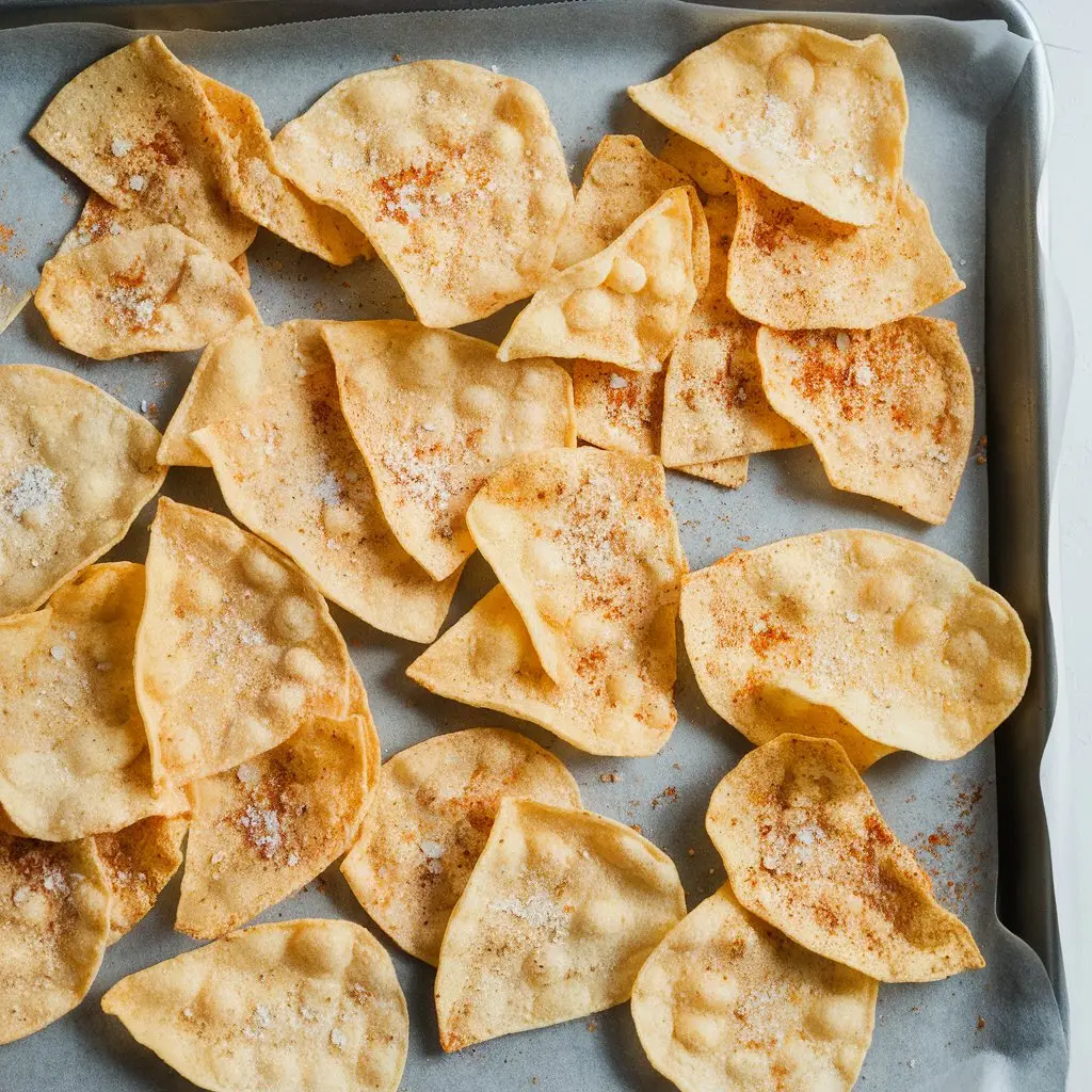 1 Golden gluten-free tortilla chips on parchment paper, sprinkled with sea salt and chili powder.