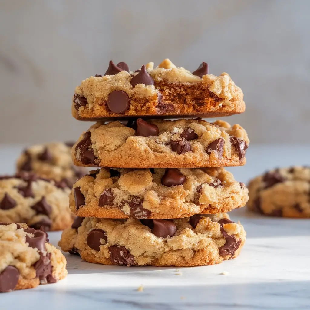 1 Detailed shot of layered chocolate chip cookies in Crumbl Cookies style arranged on white marble surface under natural light, displaying soft, melted centers and golden crispy edges