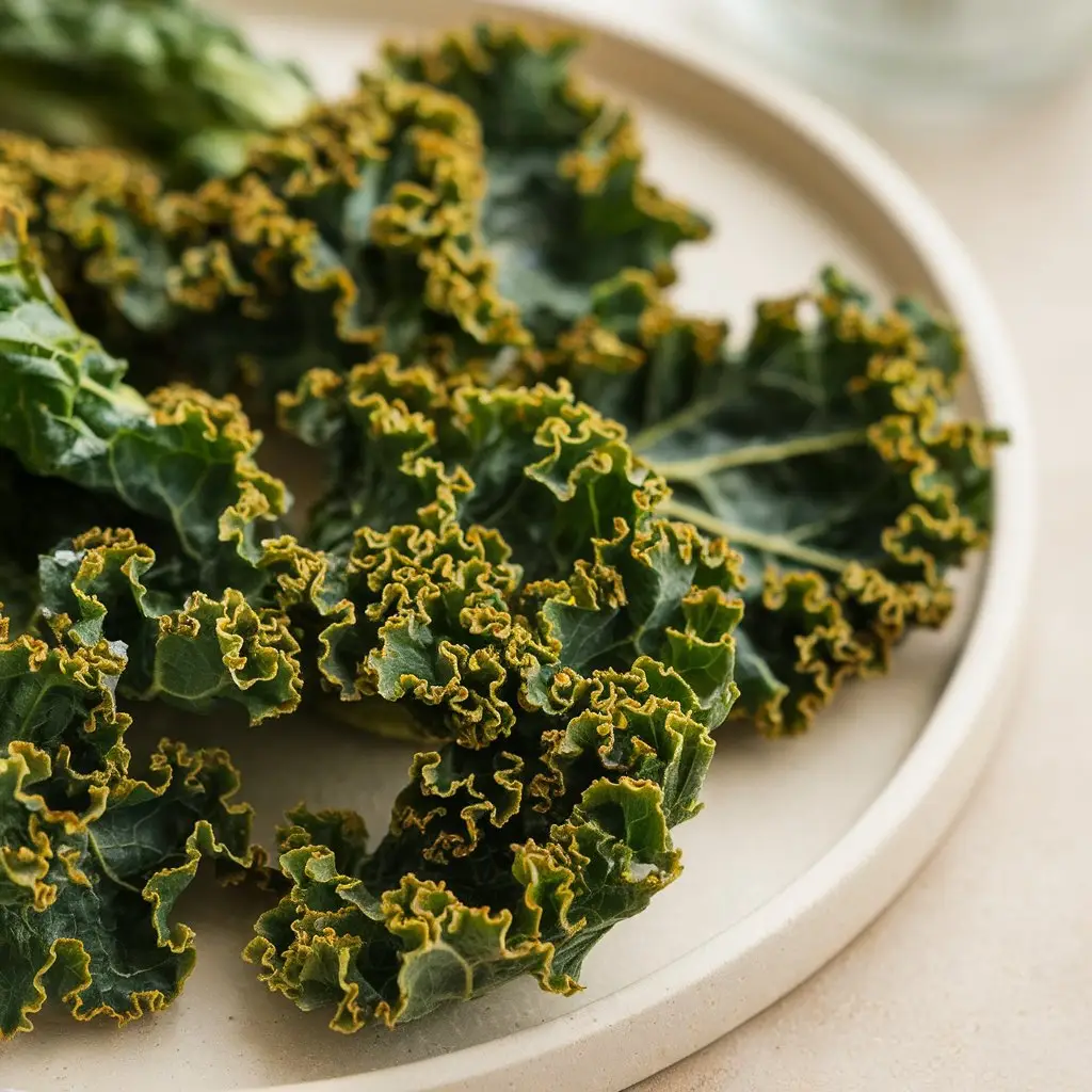 2 Close-up of crispy baked kale chips with curled texture and sea salt on a neutral plate.