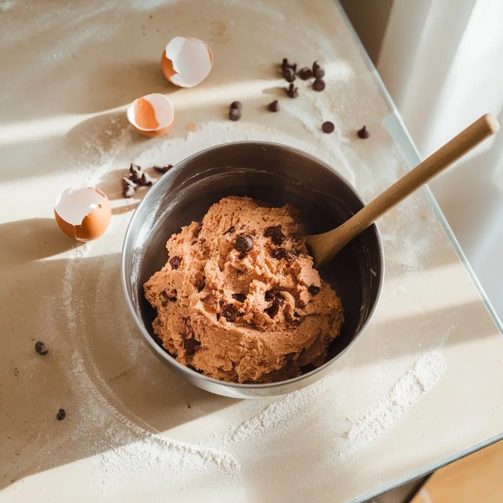 2 Overhead shot of a mixing bowl filled with chilled cookie dough and a wooden spoon resting on the side. Slightly messy countertop with flour dust, a few scattered chocolate chips, and cracked eggshells nearby. Bright daylight, natural shadows, and white or light beige background. Casual, home-kitchen vibe.