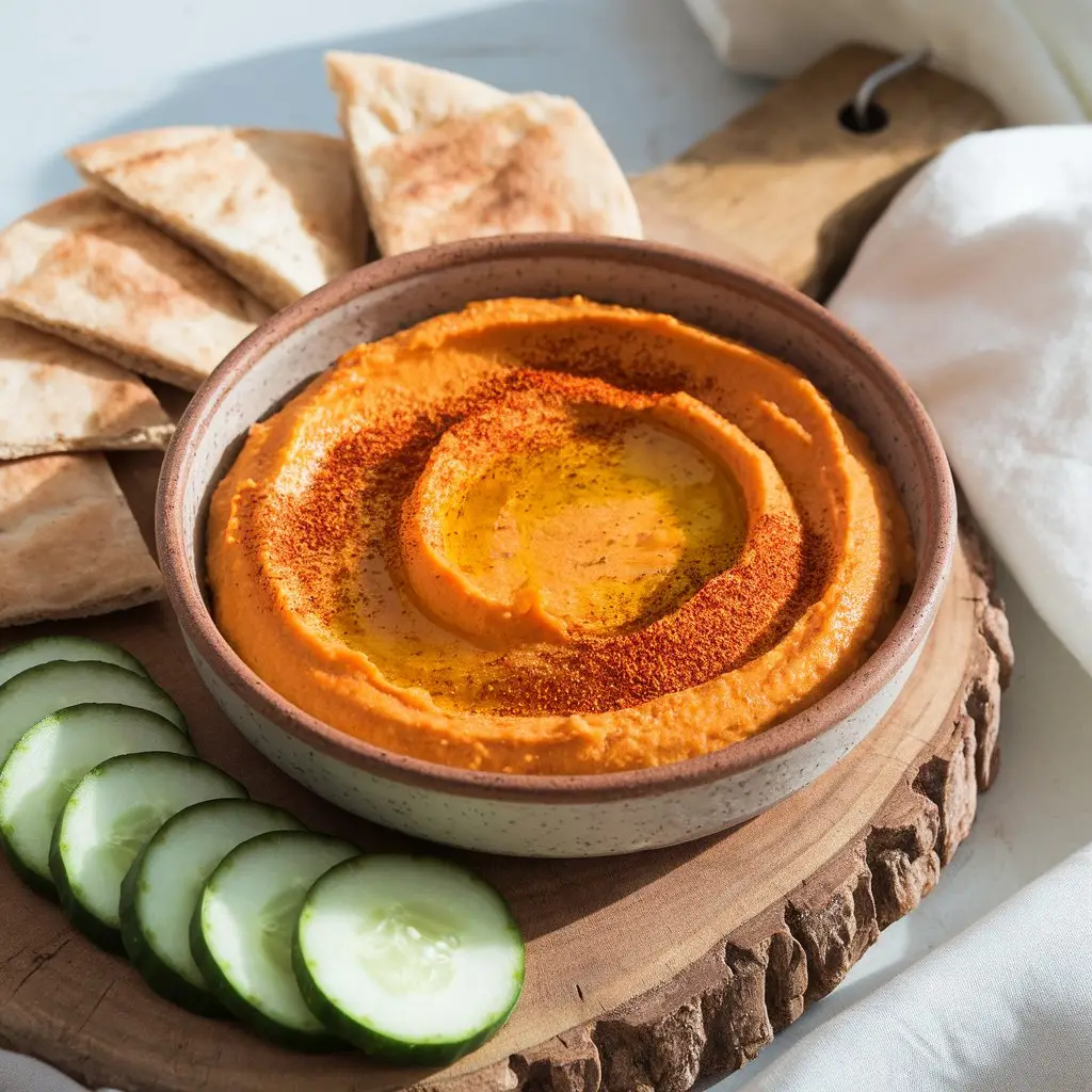 2 Creamy sweet potato hummus in a bowl with olive oil drizzle and pita chips on the side