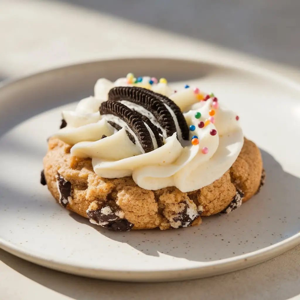 3 Close-up of a frosted Crumbl cookie on a light plate, with piped cream cheese frosting and topping garnish.
