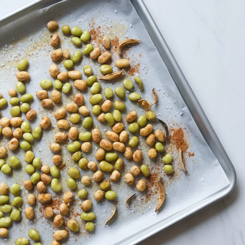 3 Roasted edamame seasoned with garlic and paprika on a baking sheet
