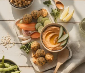 Assorted homemade vegan snacks on a platter with chickpea balls, roasted edamame, and sweet potato hummus surrounded by fresh ingredients