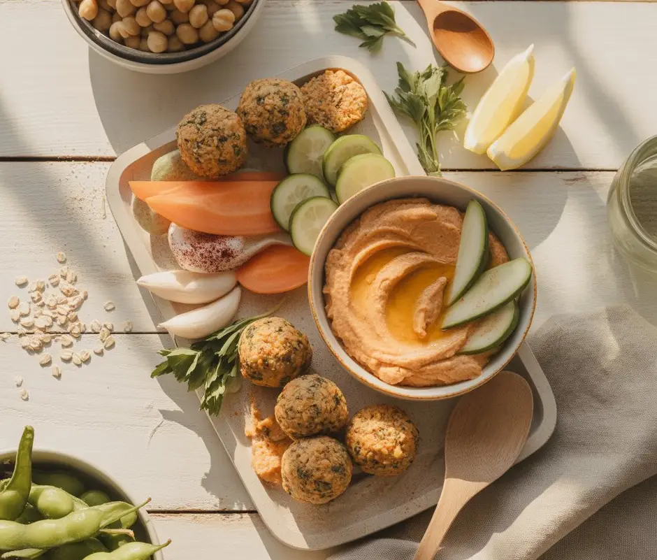 Assorted homemade vegan snacks on a platter with chickpea balls, roasted edamame, and sweet potato hummus surrounded by fresh ingredients