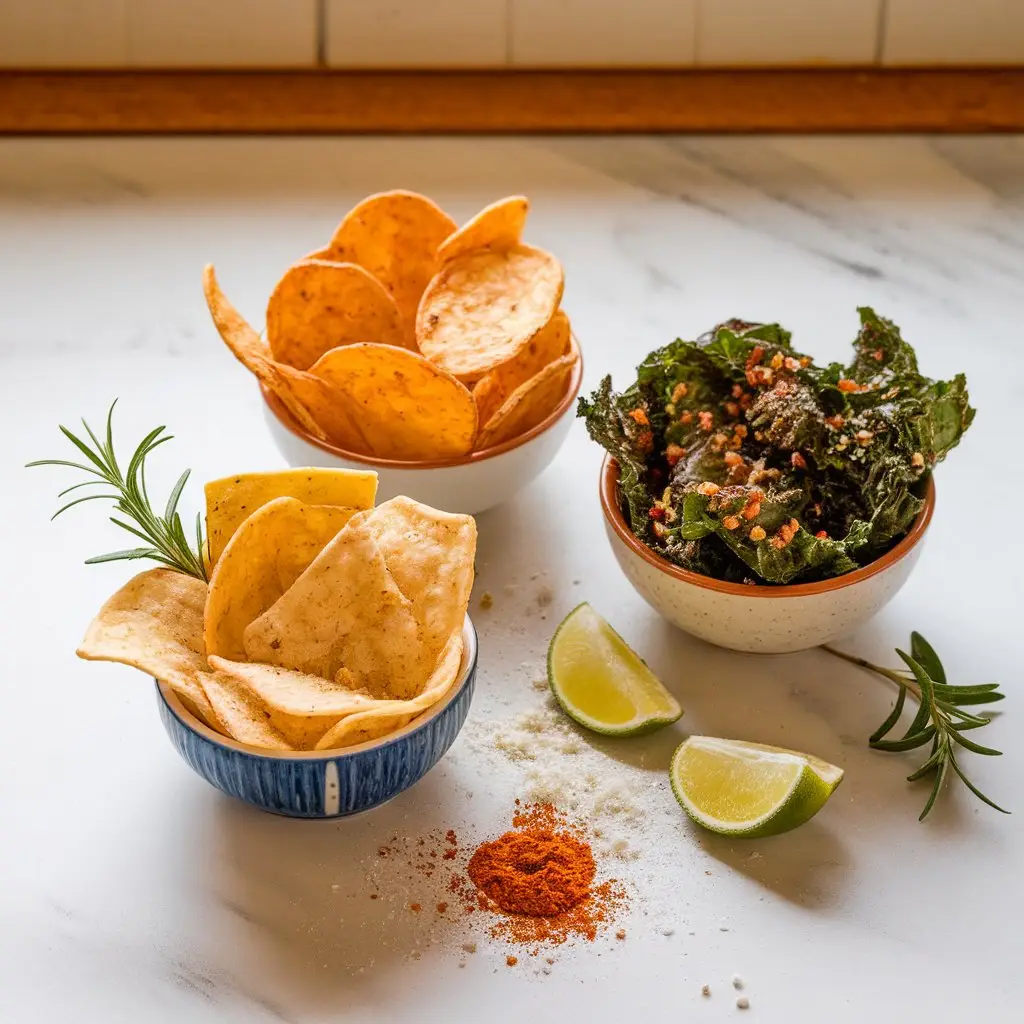 Top-down view of three bowls of gluten free chips—potato, corn tortilla, and kale—on a white marble surface with garnishes and scattered crumbs.