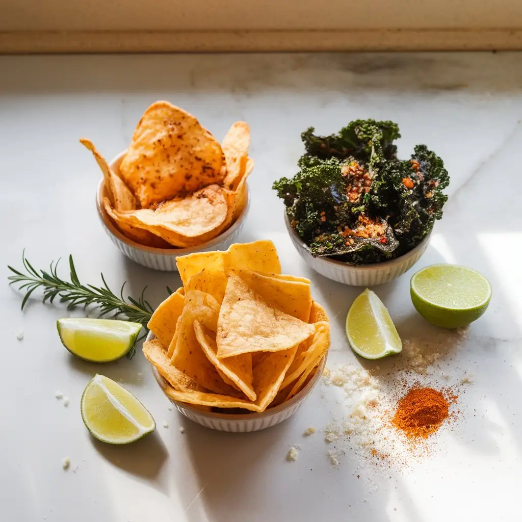 6 An artful spread of homemade gluten free chips—potato, tortilla, and kale—with dips and garnishes