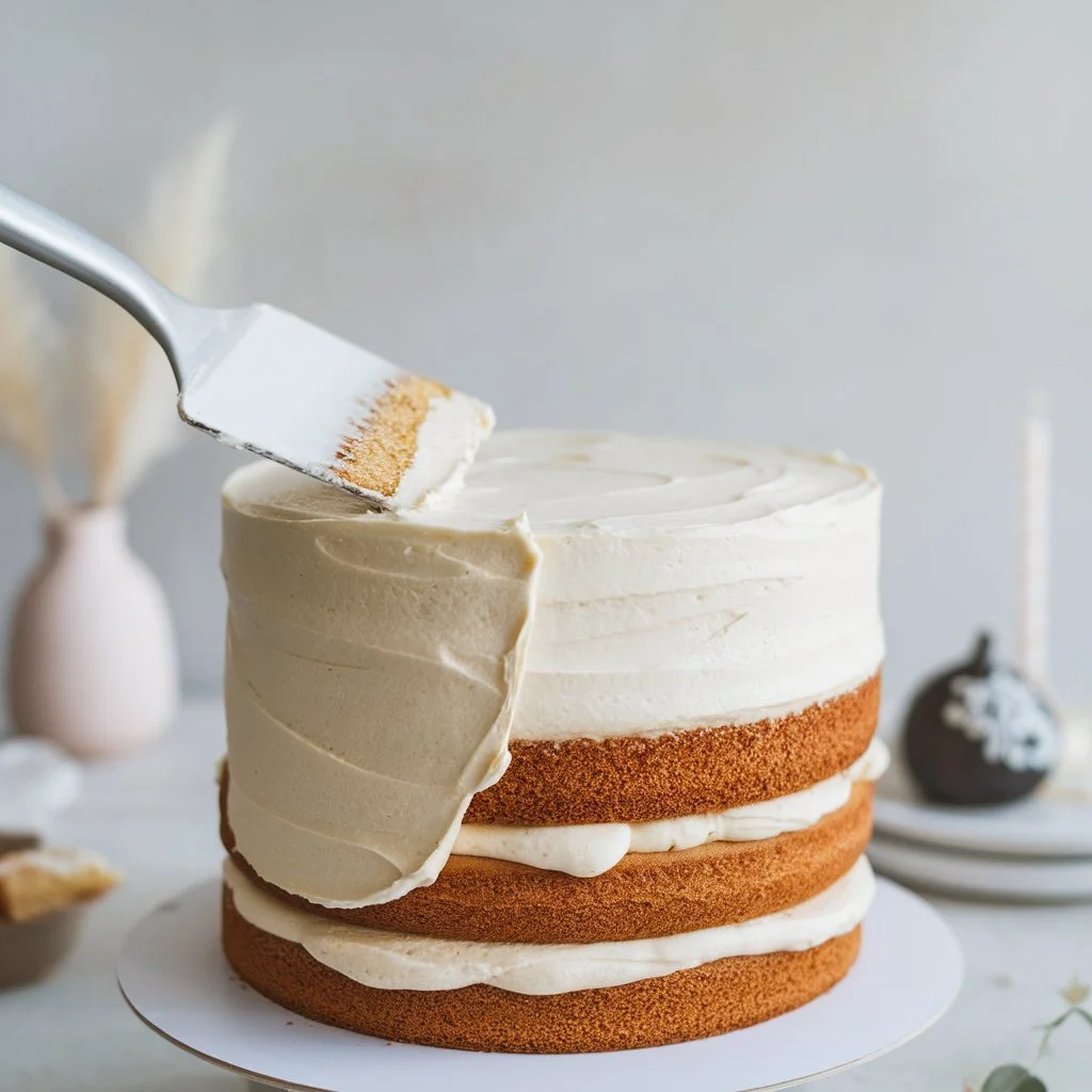 A gender reveal cake mid-frosting, with buttercream being smoothed over the sides using a spatula in a sunlit kitchen. Partially frosted gender reveal cake with an offset spatula smoothing the buttercream, showing texture and crumb layer.