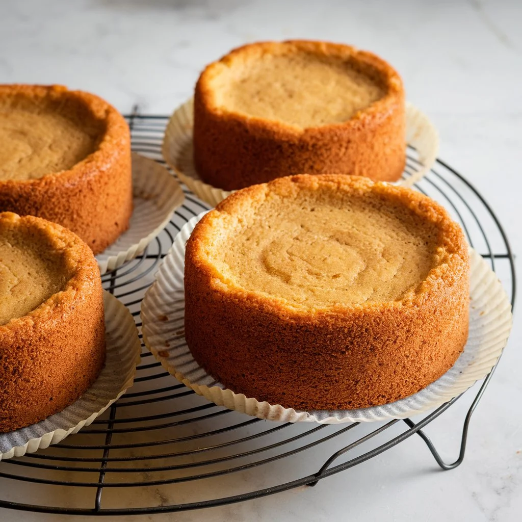 Four freshly baked cake layers cooling on a wire rack with soft natural light in a clean kitchen setting. Three freshly baked cake layers cooling on a wire rack with soft natural light in a clean kitchen setting.
