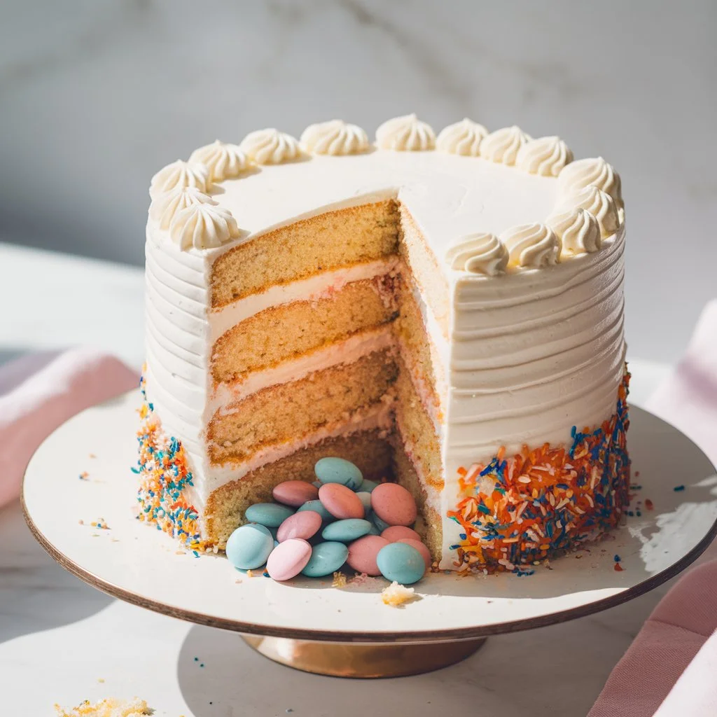 Sliced gender reveal cake with white buttercream frosting, revealing a candy-filled pink or blue center, styled on a cake stand with natural light.