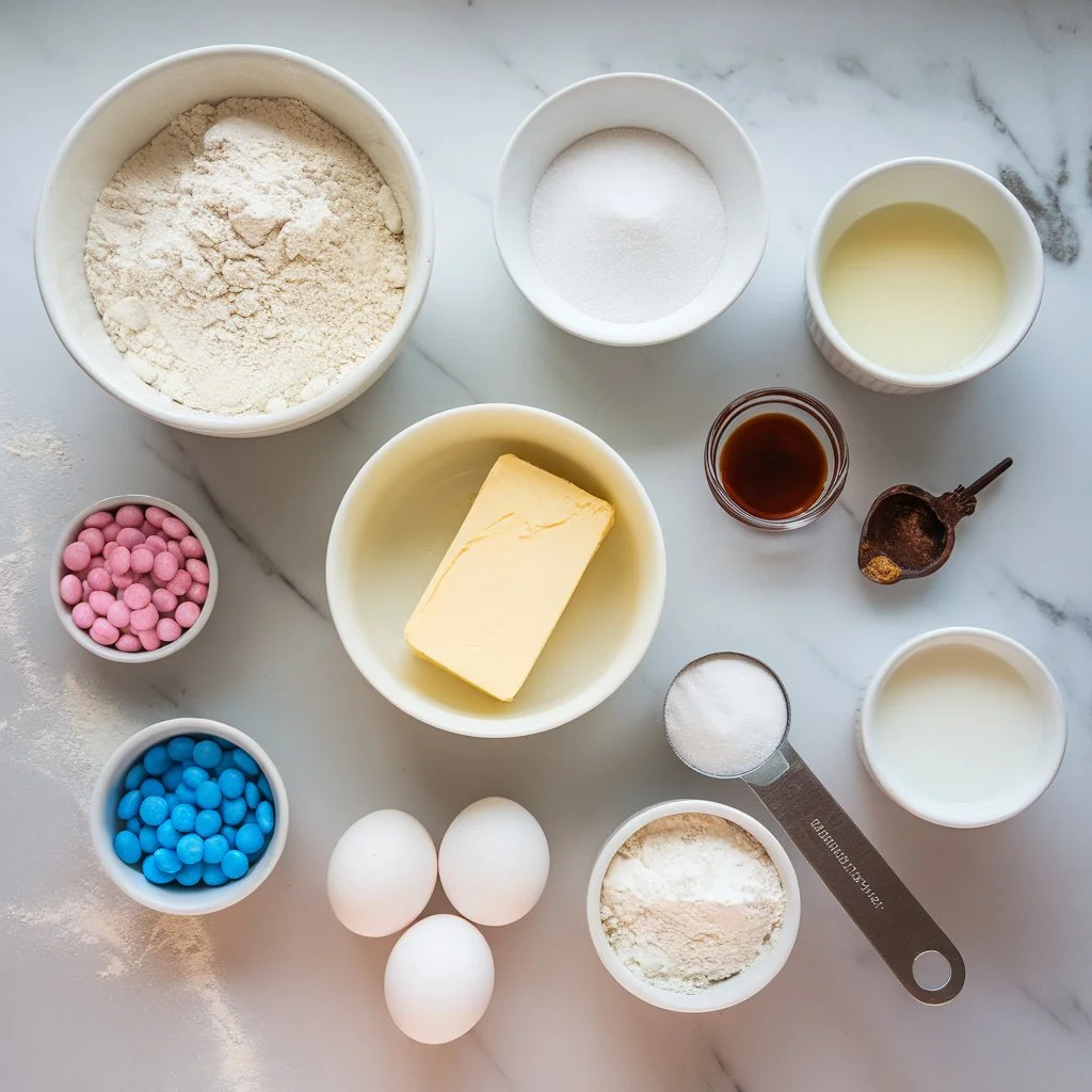Top-down view of ingredients for a gender reveal cake, including flour, eggs, butter, vanilla, and colorful candies, styled naturally on a marble surface.