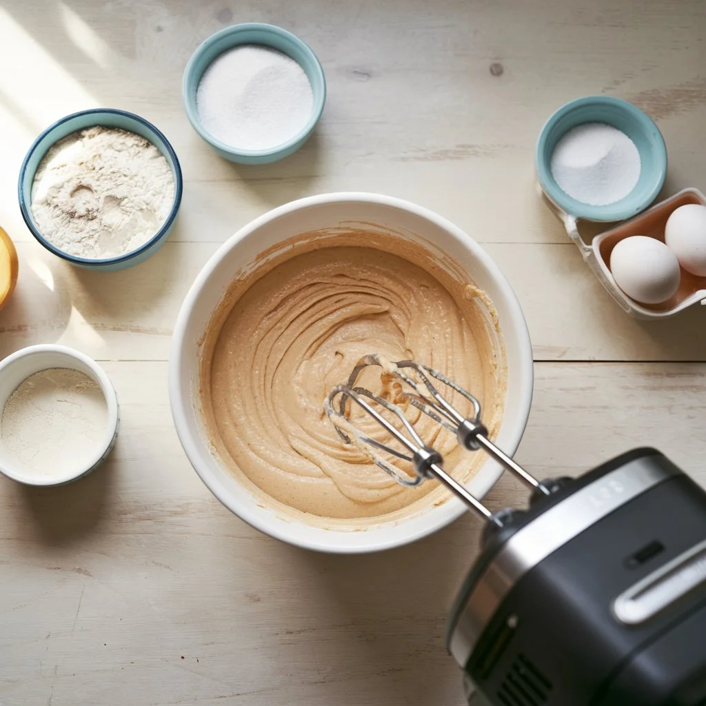Top-down view of vanilla cake batter being mixed in a bowl with ingredients like flour and eggs visible around it. Top-down view of vanilla cake batter being mixed in a bowl with ingredients like flour and eggs visible around it.