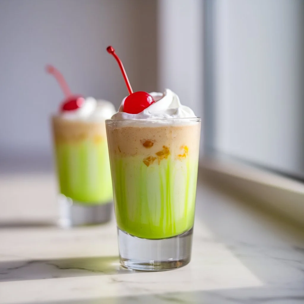 A vibrant neon green Scooby Snack Shot with a creamy frothy top, served in a clear shot glass on a white marble surface.