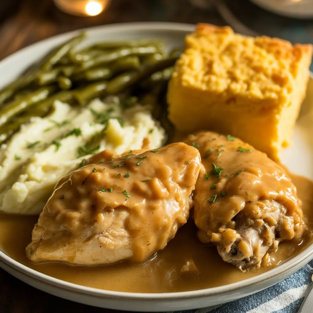 Smothered chicken thighs served with mashed potatoes, green beans, and cornbread
