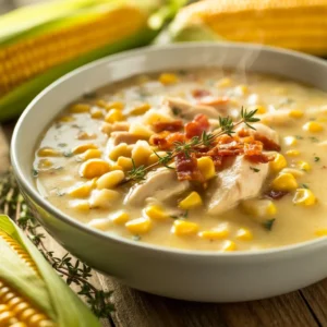 Creamy chicken corn chowder in a white bowl, garnished with fresh thyme and crispy bacon, with golden corn kernels and potatoes, set on a rustic wooden table with warm yellow lighting.