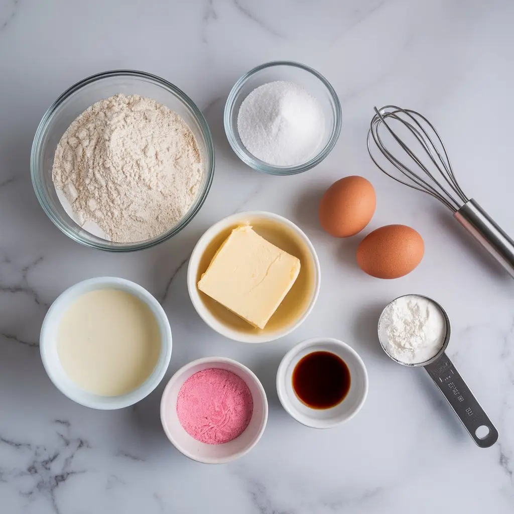 1 Flat lay of heart cake ingredients in small bowls on white marble surface.