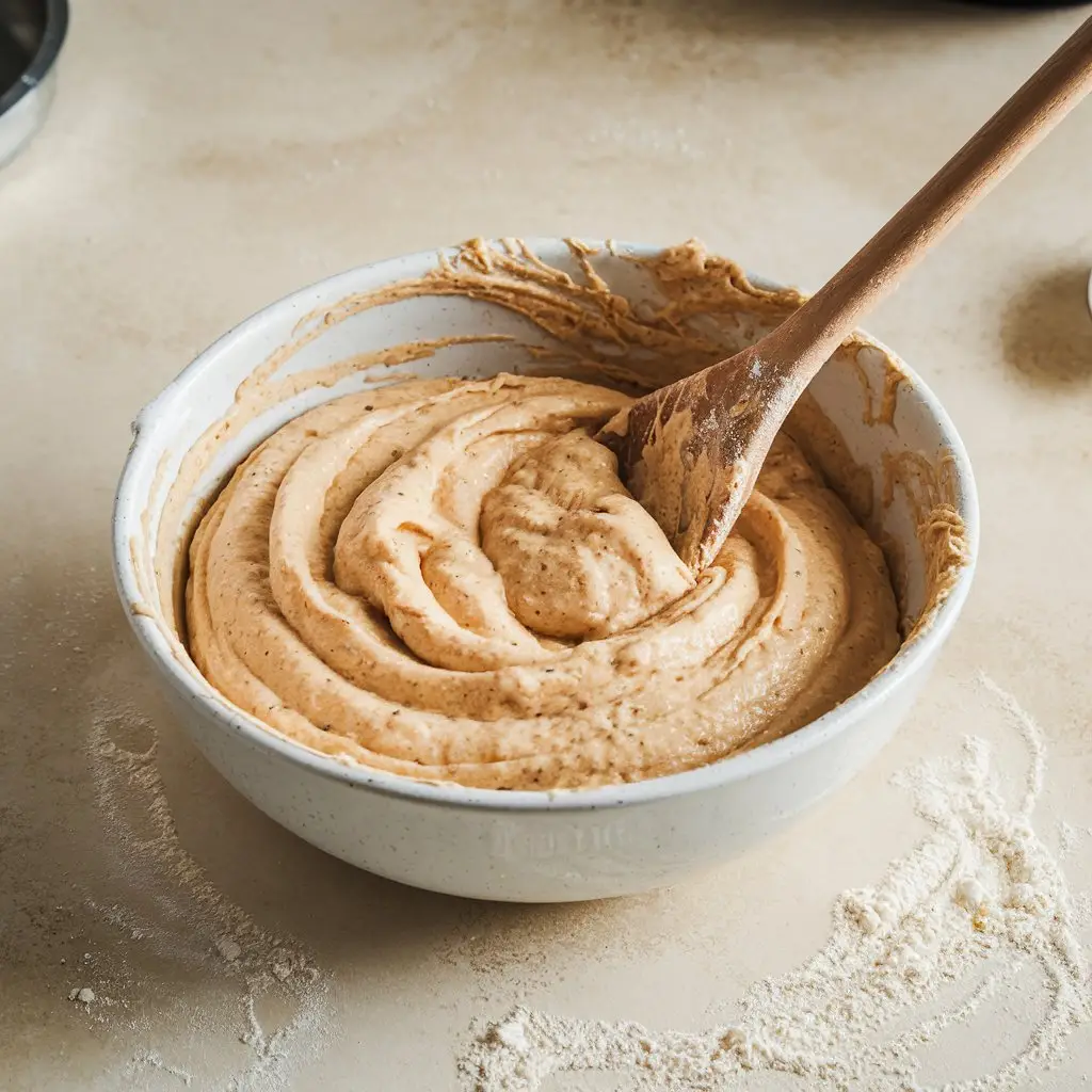 1 Thick pancake batter being mixed in a bowl with a wooden spoon on a light kitchen surface.
