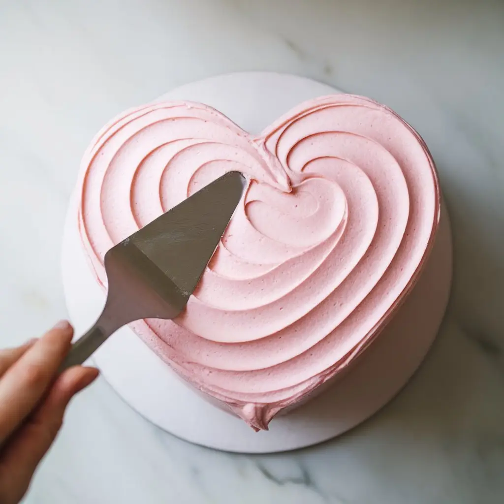 2 Close-up of heart cake being smoothly frosted with pink buttercream using a spatula.
