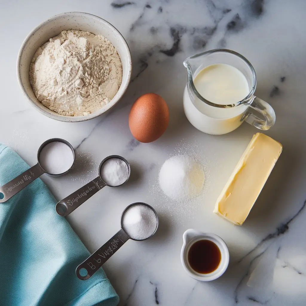 2 Flat lay of fluffy mini pancake ingredients including flour, egg, buttermilk, butter, vanilla, and leavening agents on a marble surface.