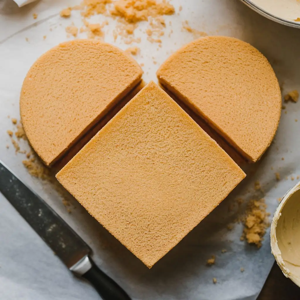 3 Unfrosted heart cake assembled from square and round cake pieces on parchment paper.