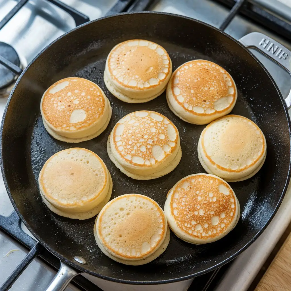 3 Mini pancakes cooking on a nonstick griddle, with bubbles forming and golden edges visible.
