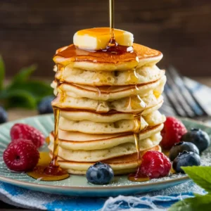 Stack of fluffy mini pancakes with syrup, berries, and melting butter on a rustic wooden table under natural daylight.