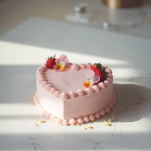 Heart-shaped pink buttercream cake on white marble with strawberries and soft natural lighting.