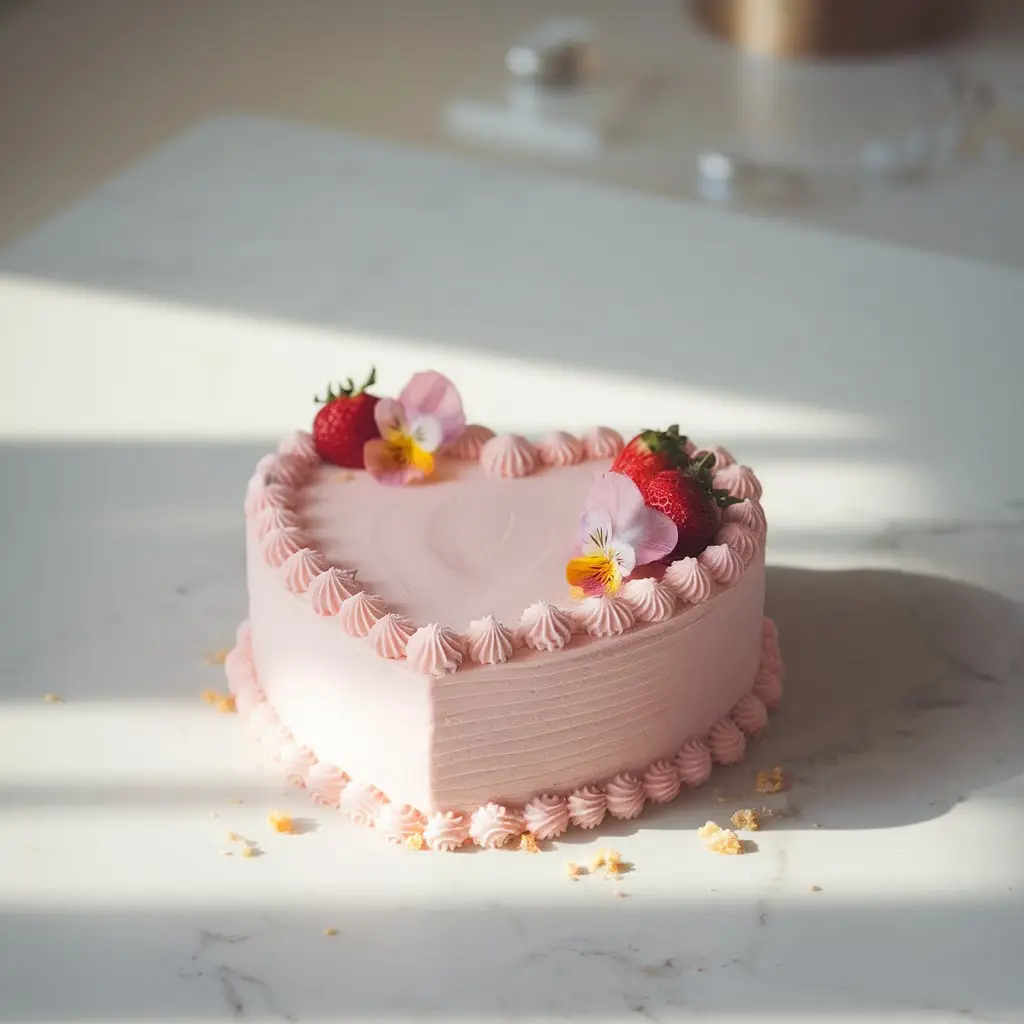 Heart-shaped pink buttercream cake on white marble with strawberries and soft natural lighting.