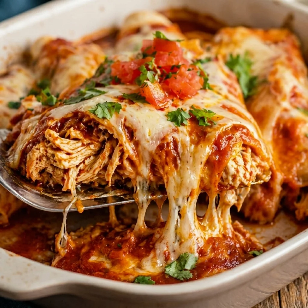 chicken enchiladas with melted cheese and rich sauce, easy homemade dinner recipe