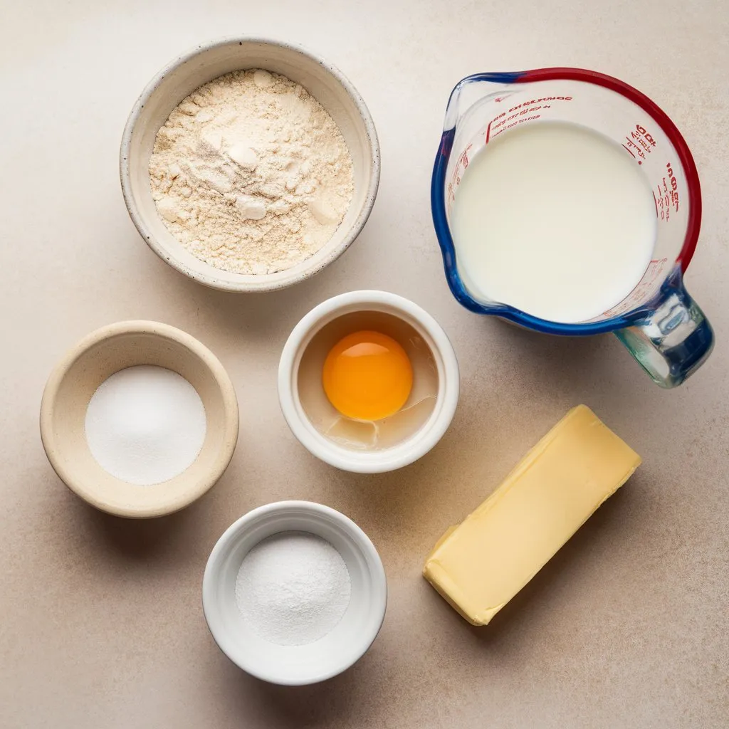 Flat-lay of ingredients for scrambled pancakes Flat-lay of ingredients for scrambled pancakes including flour, eggs, milk, butter, sugar, baking powder, and optional toppings like fruit and cheese.