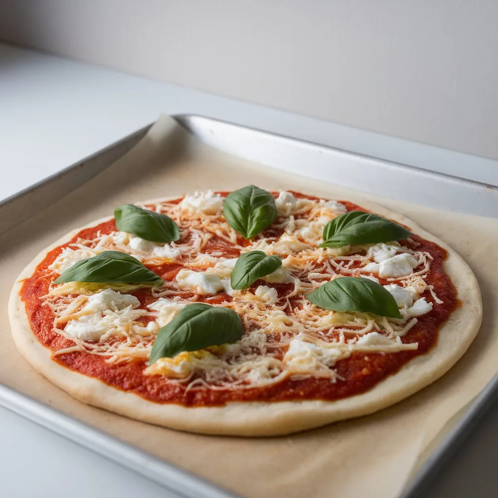 Gluten free pizza topped with sauce, cheese, and basil Gluten free pizza topped with sauce, cheese, and basil, ready to bake on parchment paper
