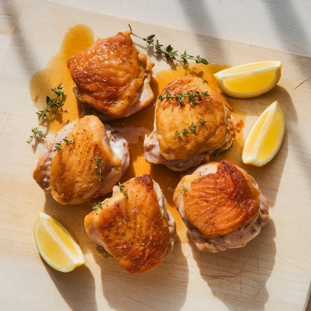 Golden brown baked boneless chicken thighs with crispy skin served on a wooden cutting board with fresh herbs