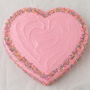 Heart-shaped pink buttercream cake with fresh strawberries on white marble in soft natural light, romantic dessert