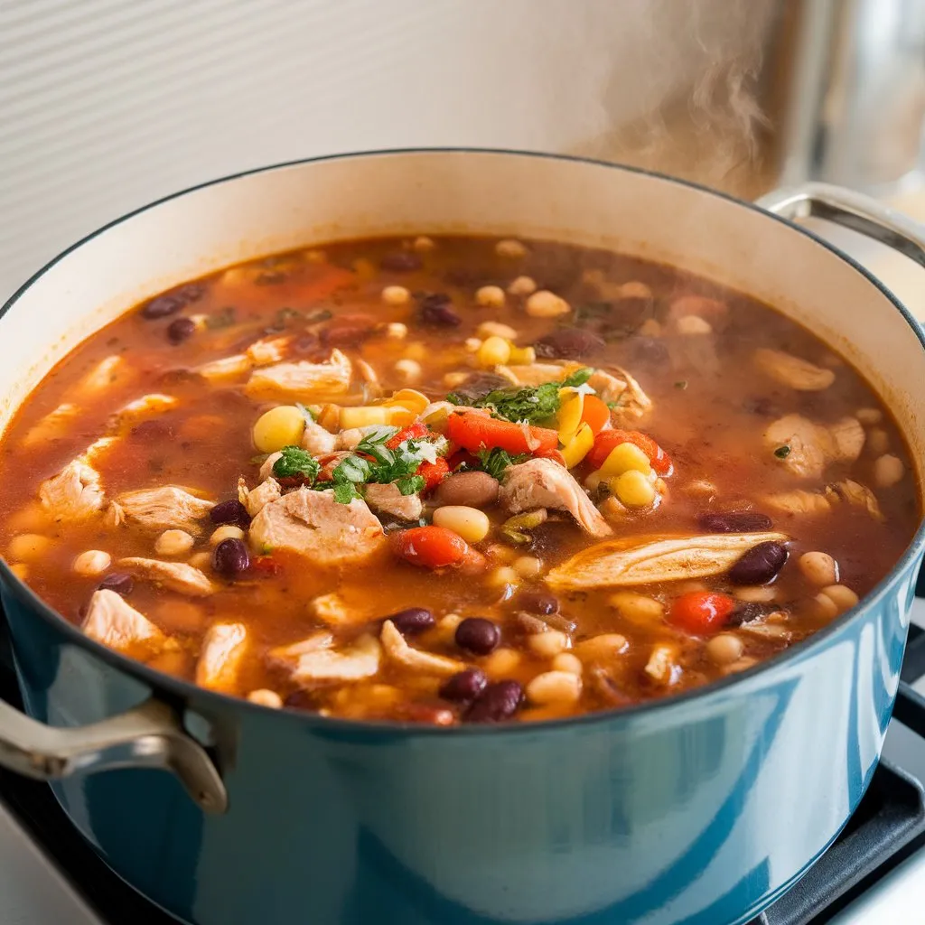 Large pot of simmering chicken taco soup with visible steam Chicken taco soup simmering in large pot with tender chicken, beans, and vegetables in flavorful broth