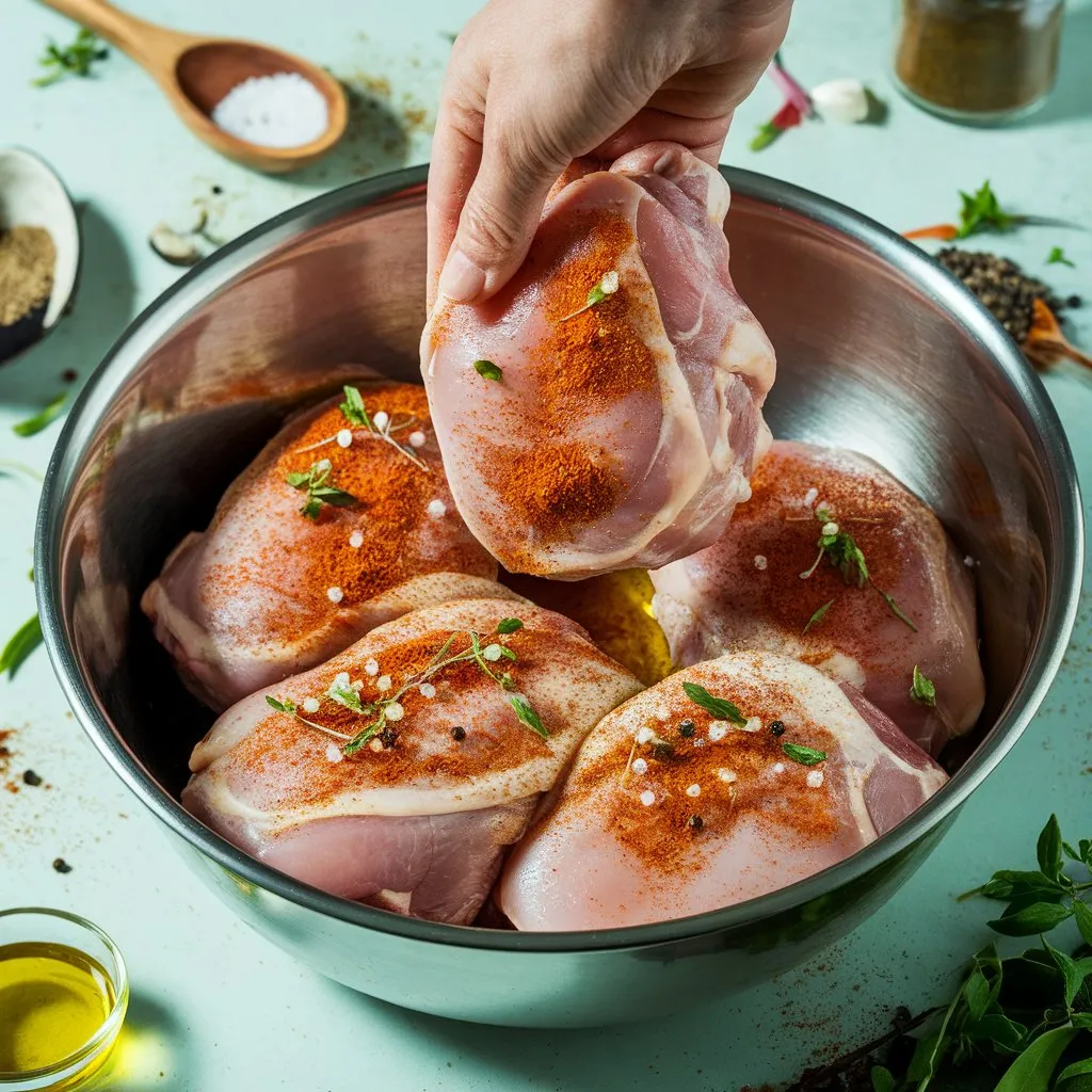 _Raw boneless chicken thighs being seasoned Raw boneless chicken thighs being seasoned in a mixing bowl with paprika, garlic powder, salt, and olive oil, surrounded by fresh herbs and spices on a rustic kitchen counter.