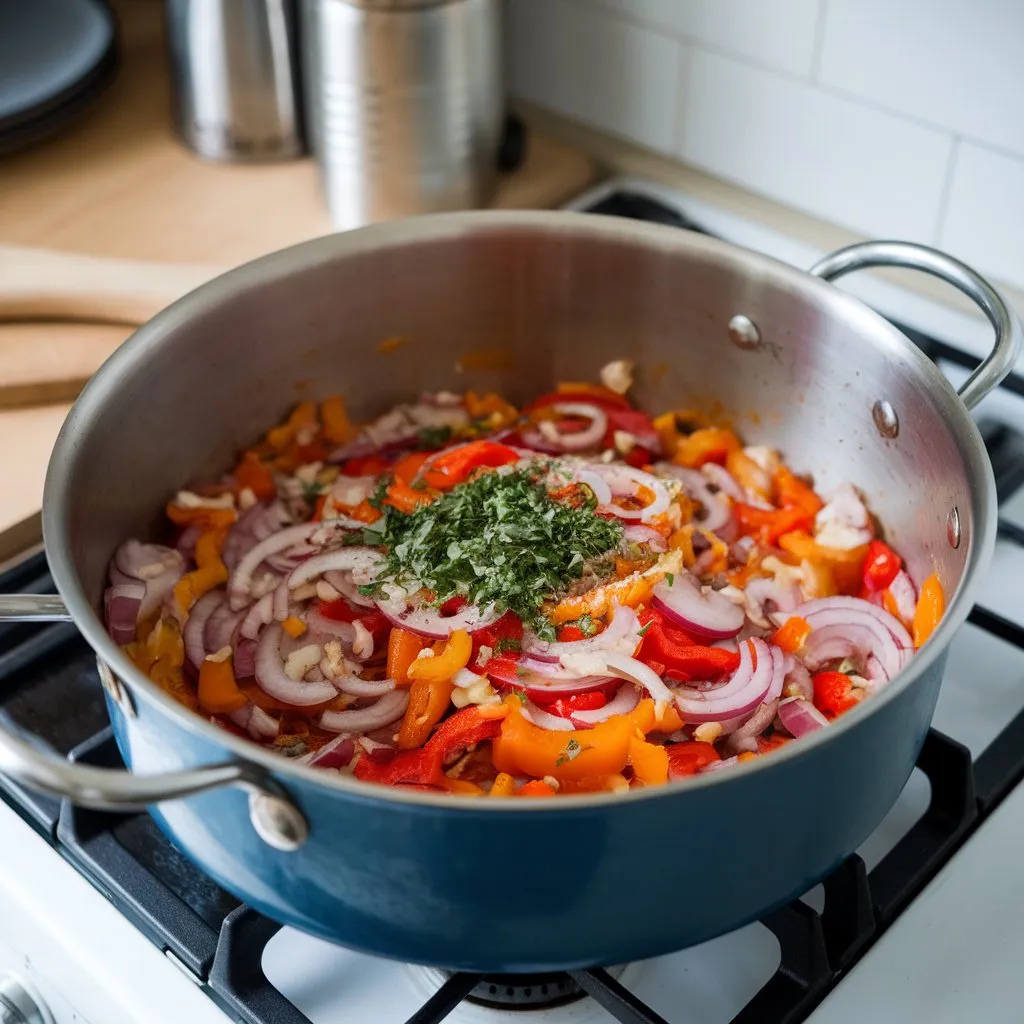 Sautéed onions, bell peppers, and garlic in a large pot with wooden spoon Sautéed onions, bell peppers, and garlic cooking in large pot as base for chicken taco soup