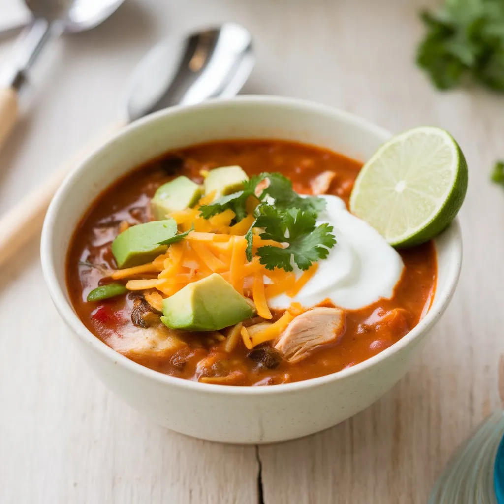 Bowl of homemade chicken taco soup topped with fresh avocado, melted cheese, sour cream, and cilantro with lime wedge