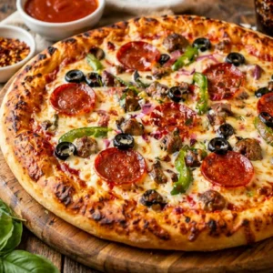 homemade supreme pizza with crispy crust, melted cheese and loaded toppings including pepperoni and vegetables, easy dinner recipe