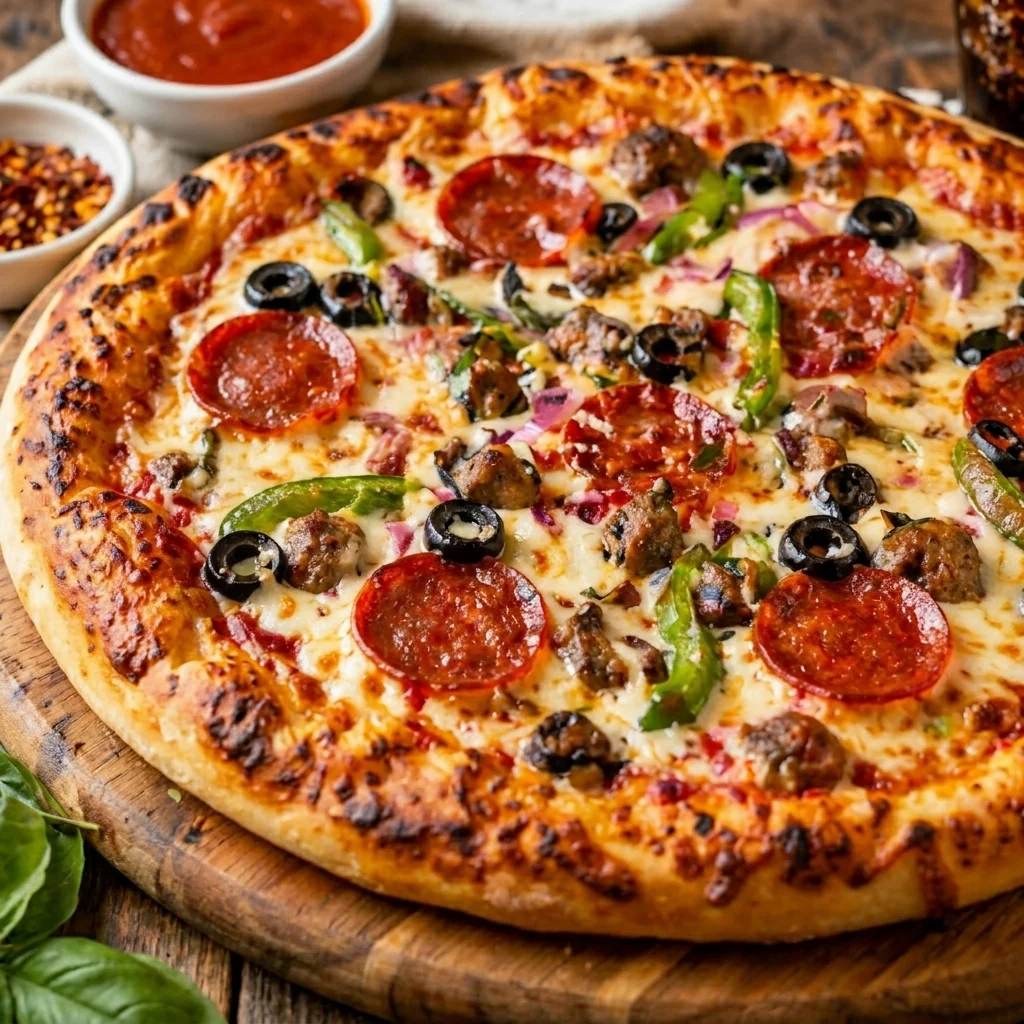 homemade supreme pizza with crispy crust, melted cheese and loaded toppings including pepperoni and vegetables, easy dinner recipe