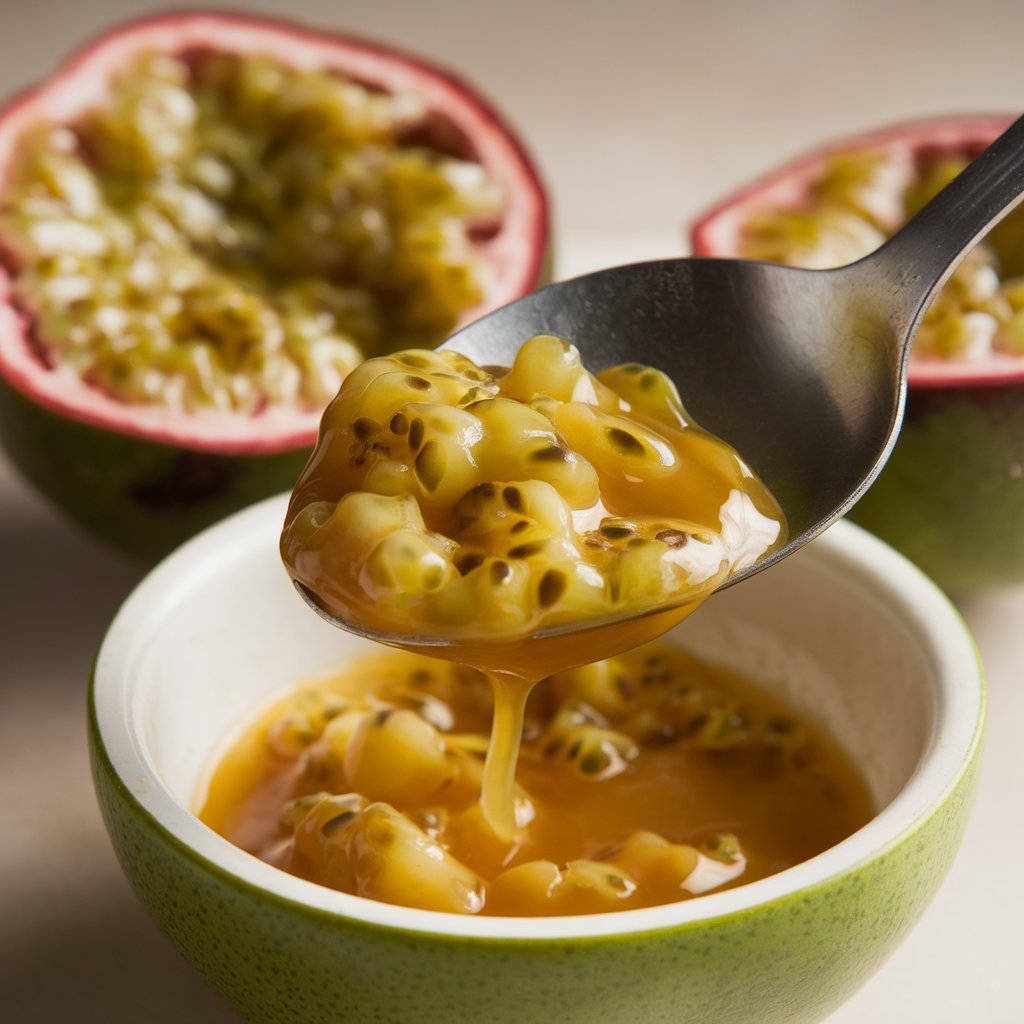 a-close-up-photo-of-a-halved-passion-fru_tD_liIjERSaQRRgtJN-p1A_ey03YqtgRjivA-F-tFj3Bw Spoon scooping passion fruit pulp from a halved fruit into a bowl