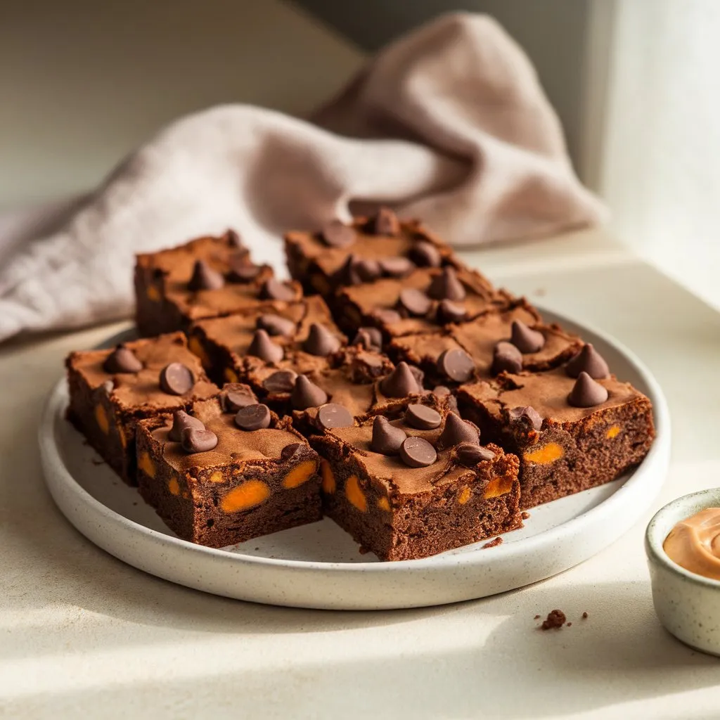 Healthy sweet potato brownies stacked on a plate with rich, fudgy texture and melted chocolate chips, styled on a soft neutral background with natural light.