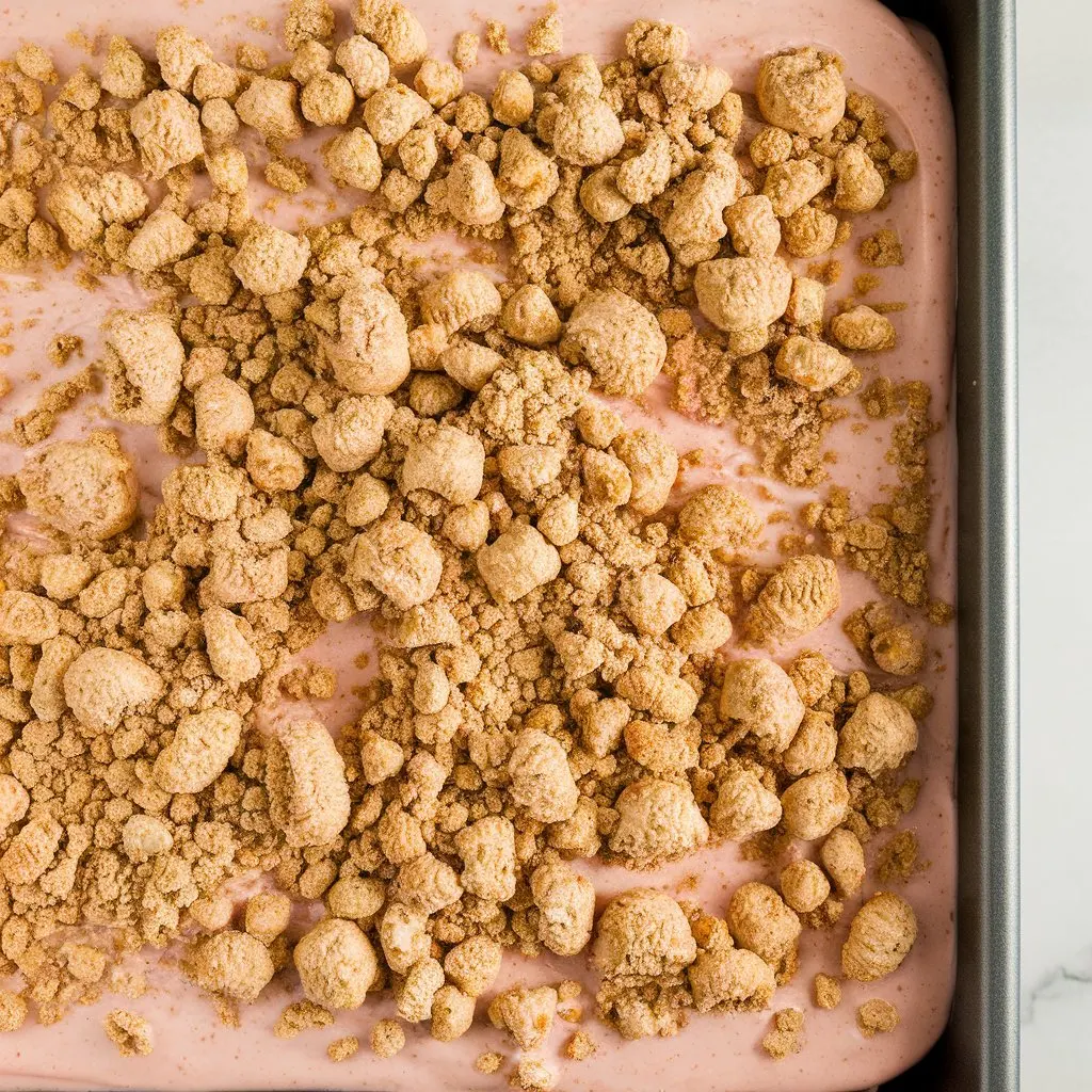 a-top-unfrozen-strawberry-shortcake-ice-cream-bars-with-crumb-topping-shot-of-a-baking-pan-filled-w_7_ISQQ9jSlG7hu4le73jOw_Ujx8zGTfQ9yRSPZKUWiVrg Crumbled cookie topping being sprinkled over Strawberry Shortcake Ice Cream Bars before freezing.