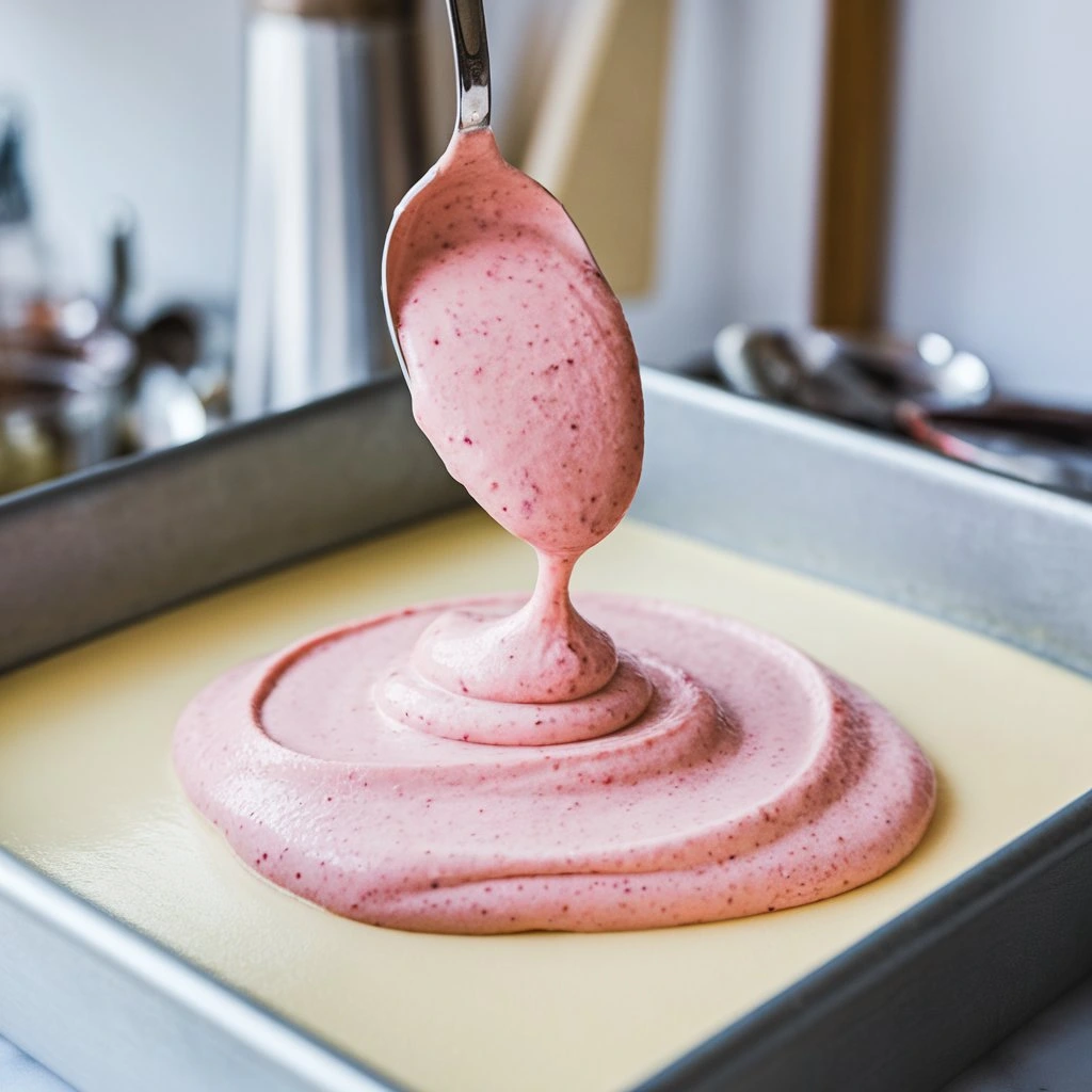 adding-strawberry-layer-to-ice-cream-bars Strawberry cream layer being added to the ice cream bars in a parchment-lined pan.