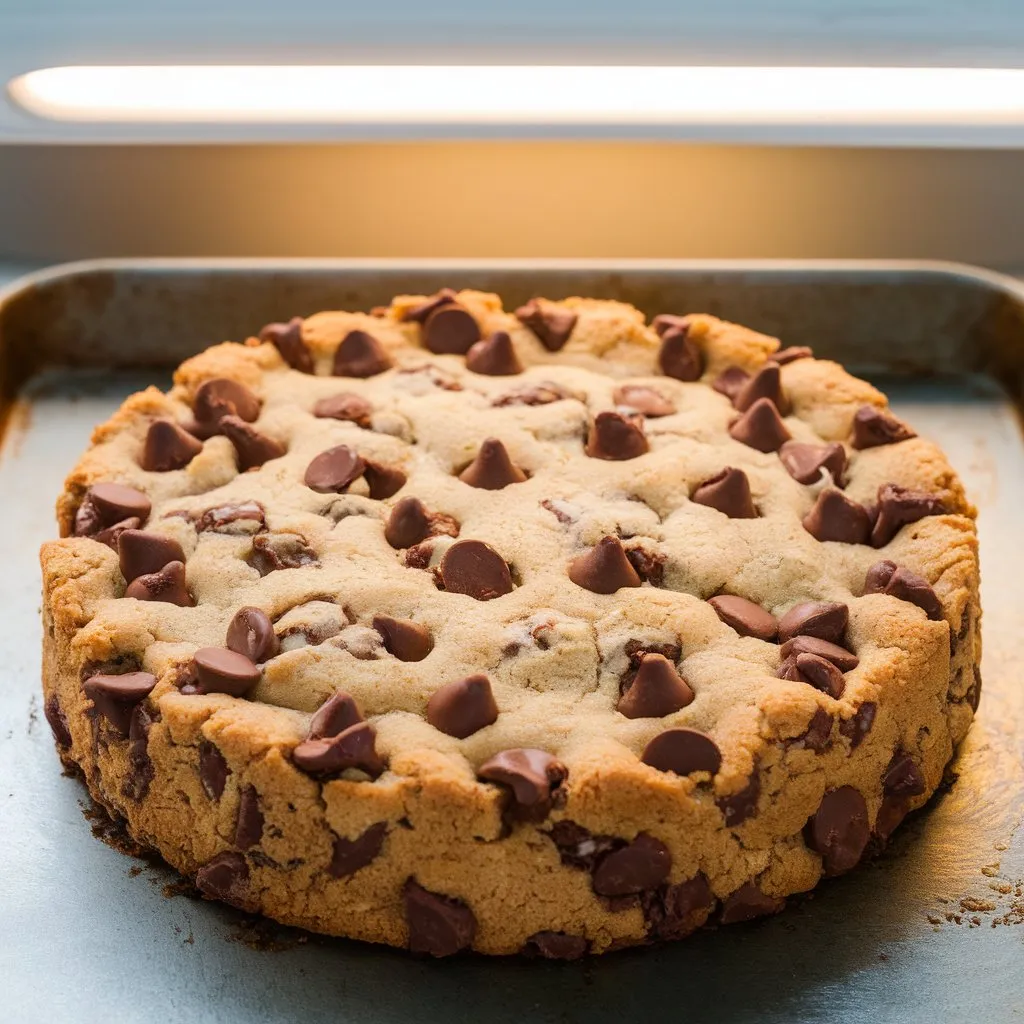 baked-cookie-cake-plain Freshly baked cookie cake on parchment with golden edges and melted chocolate, just out of the oven.