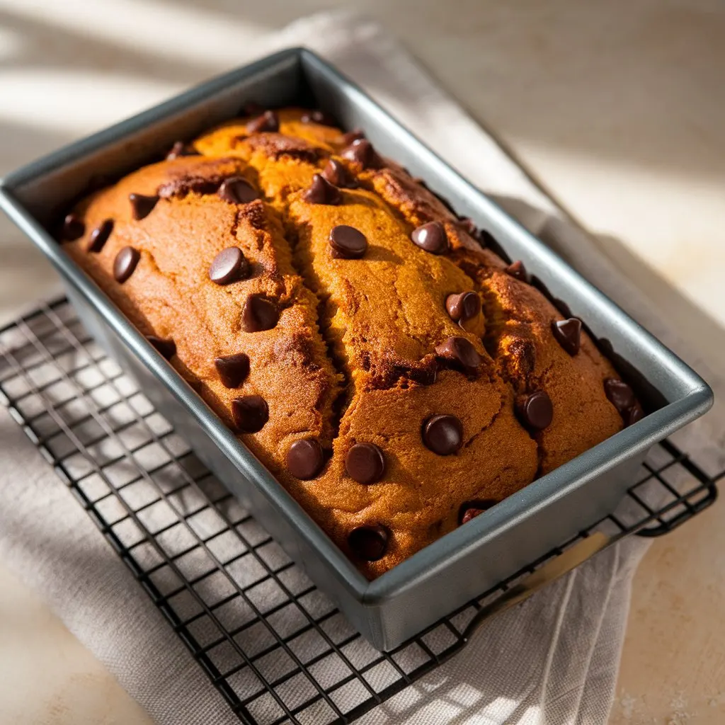 Freshly baked pumpkin chocolate chip bread in a loaf pan with a golden top and melted chocolate chips