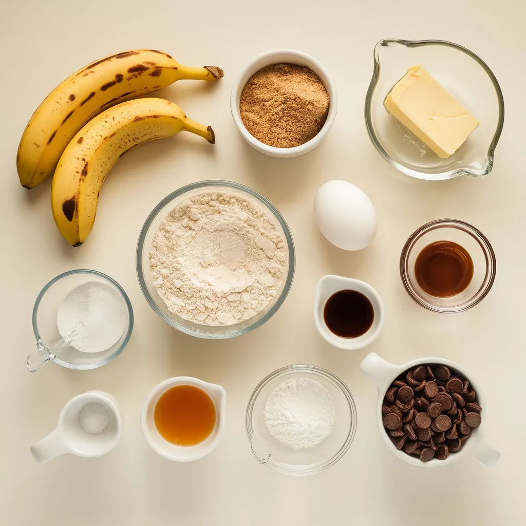 banana-chocolate-chip-cookie-ingredients Overhead shot of banana chocolate chip cookie ingredients arranged in bowls on a light surface, including ripe bananas, flour, brown sugar, and chocolate chips.