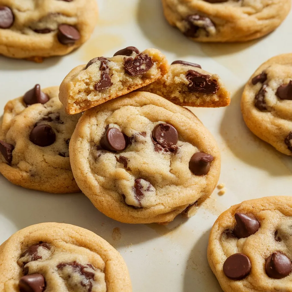 Top-down close-up of freshly baked banana chocolate chip cookies on parchment, with visible chocolate chips and golden edges, styled casually on a light background.