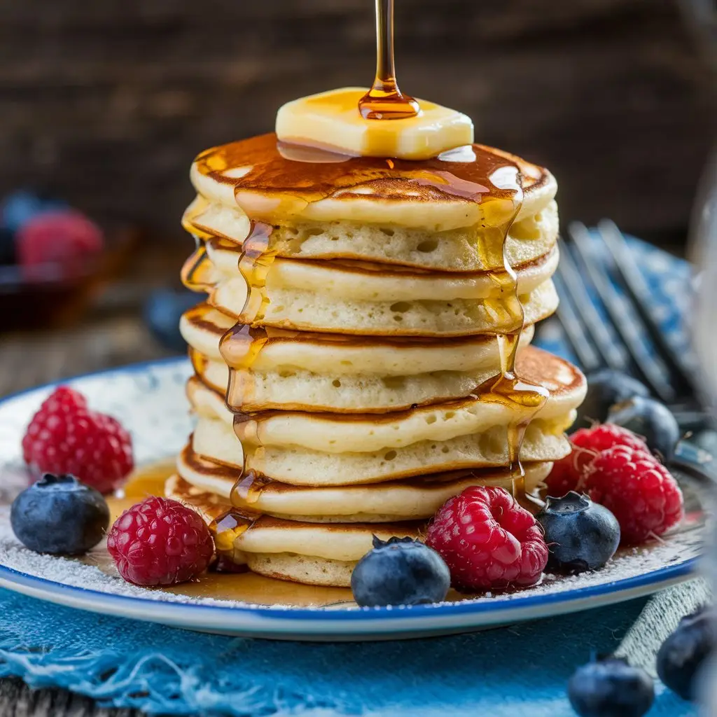 bg Fluffy mini pancakes recipe served as a stacked breakfast with syrup, butter, and berries on a rustic wooden table in natural daylight.